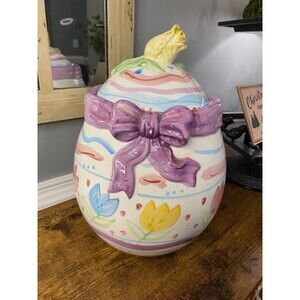 Vintage Easter Egg Floral Cookie Jar Pastel Hues Large World Bazaar With Tulips